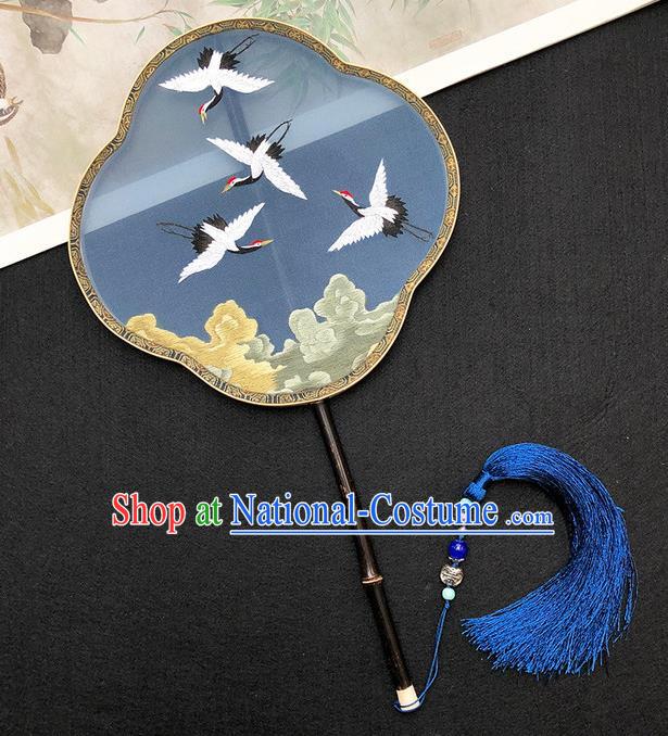 China Traditional Hanfu Fan Classical Dance Fan Handmade Embroidered Cranes Palace Fan Ancient Princess Blue Silk Fan