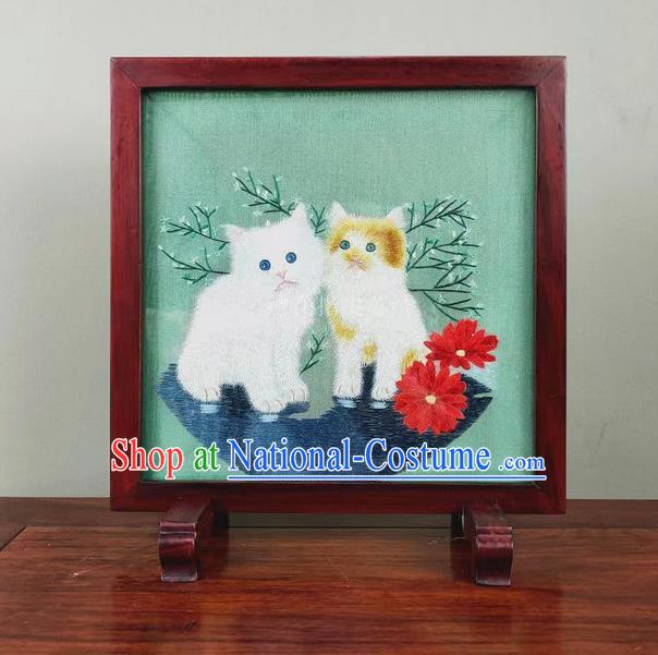 Chinese Traditional Embroidery Green Silk Craft Handmade Rosewood Ornament Embroidered Cats Table Screen