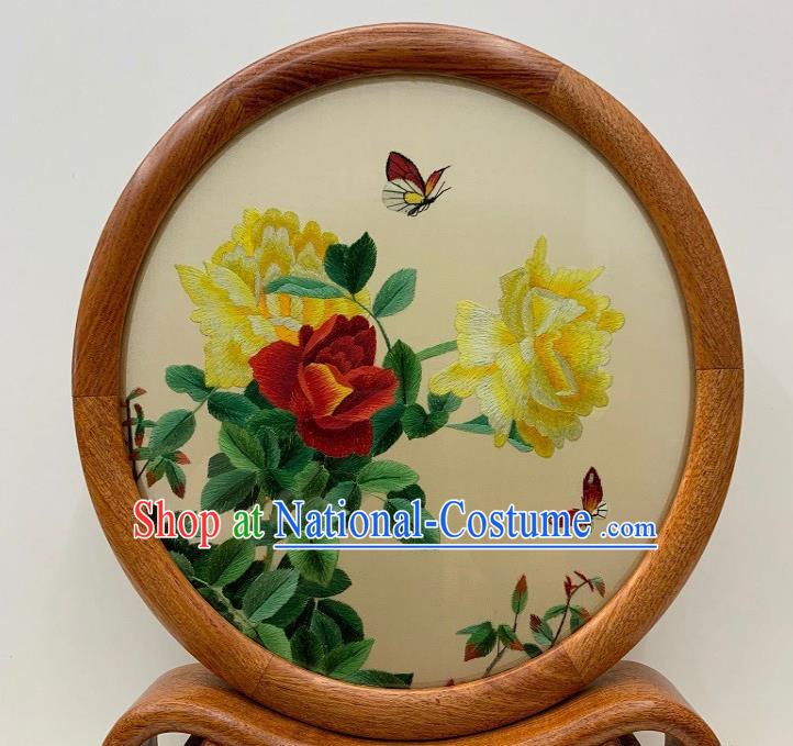 Chinese Traditional Suzhou Embroidery Peony Butterfly Ornament Embroidered Table Screen Handmade Palisander Craft