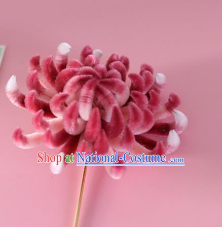 China Handmade Hanfu Flower Hair Stick Traditional Ancient Qing Dynasty Palace Lady Rosy Velvet Chrysanthemum Hairpin