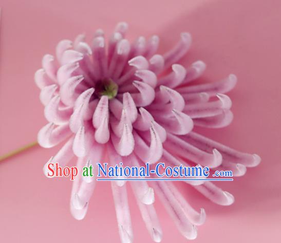 China Handmade Hanfu Chrysanthemum Hair Stick Traditional Ancient Qing Dynasty Palace Lady Pink Velvet Hairpin