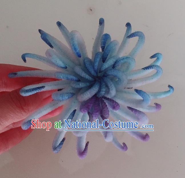 China Handmade Ming Dynasty Hairpin Ancient Princess Blue Velvet Chrysanthemum Hair Stick