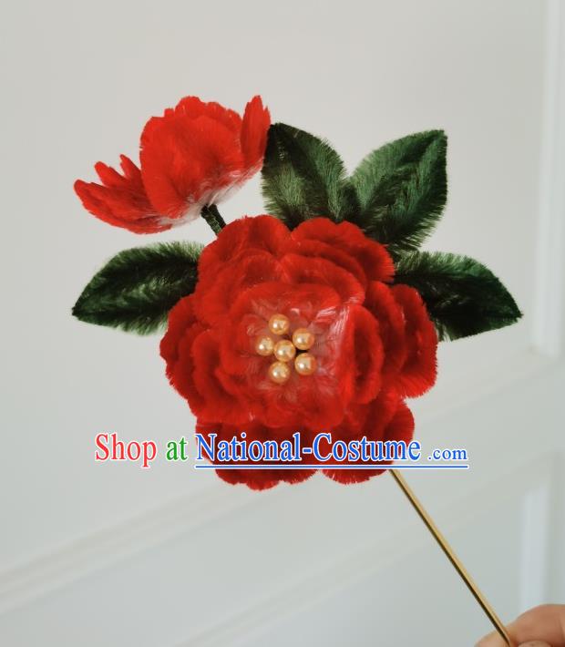 China Traditional Ancient Qing Dynasty Princess Flowers Hairpin Handmade Red Velvet Peony Hair Stick