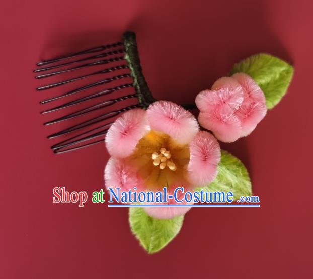 China Traditional Handmade Velvet Plum Hair Comb Ancient Princess Pink Hair Stick