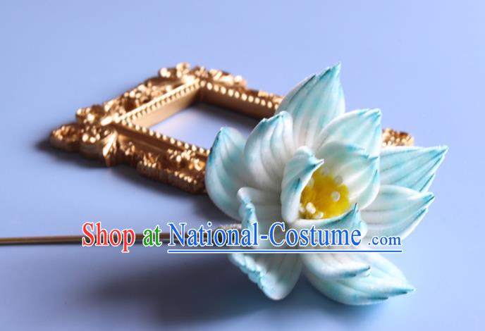 Handmade China Ancient Hanfu Hairpin Traditional Blue Velvet Lotus Hair Accessories