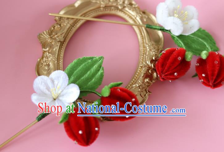 Handmade China Ancient Hanfu Red Velvet Strawberry Hairpin Traditional Hair Accessories