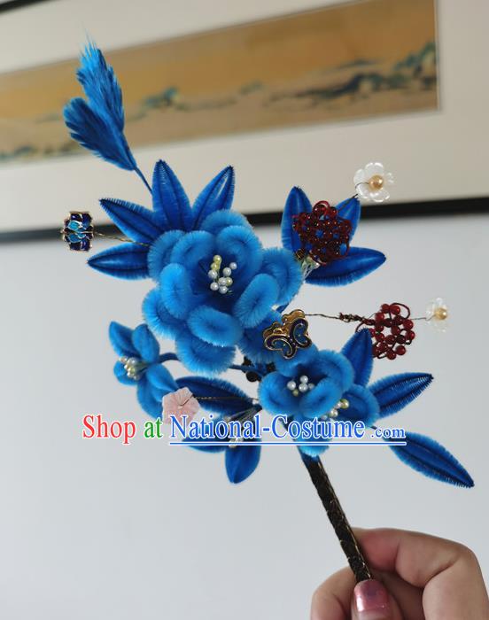 China Ancient Palace Lady Blue Velvet Plum Hairpin Traditional Hanfu Hair Accessories Handmade Garnet Beads Hair Stick