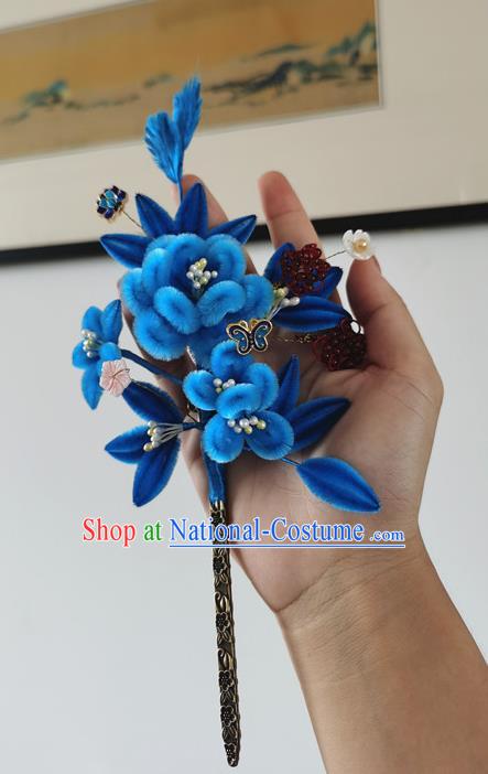 China Ancient Palace Lady Blue Velvet Plum Hairpin Traditional Hanfu Hair Accessories Handmade Garnet Beads Hair Stick