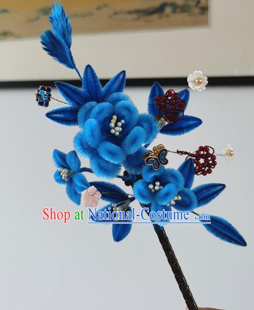 China Ancient Palace Lady Blue Velvet Plum Hairpin Traditional Hanfu Hair Accessories Handmade Garnet Beads Hair Stick