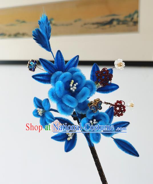 China Ancient Palace Lady Blue Velvet Plum Hairpin Traditional Hanfu Hair Accessories Handmade Garnet Beads Hair Stick