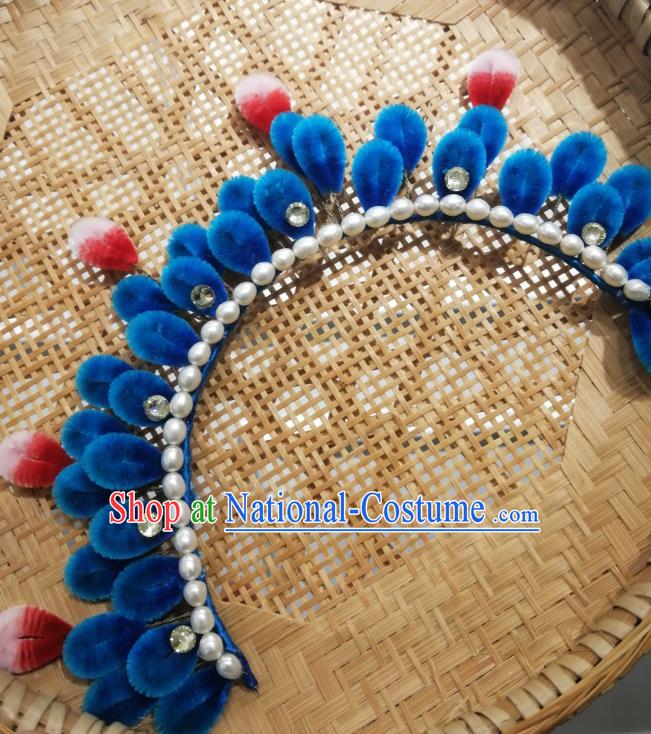 China Traditional Ancient Princess Pearls Hair Crown Classical Hanfu Royalblue Velvet Hairpin