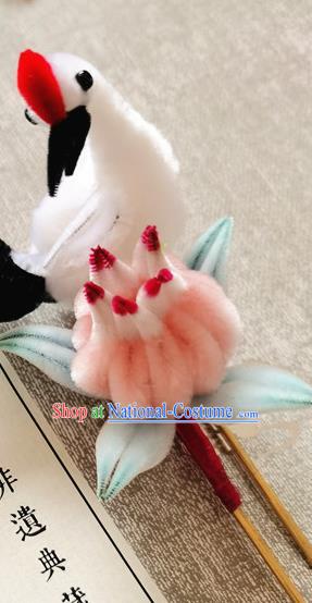 China Classical Crane Peach Hair Stick Traditional Handmade Hair Accessories Ancient Palace Lady Velvet Hairpin