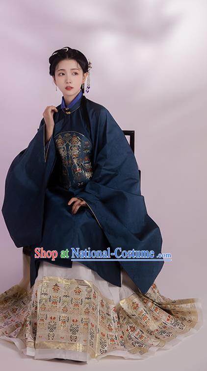 China Ming Dynasty Noble Woman Historical Clothing Ancient Patrician Female Navy Gown and Skirt Full Set