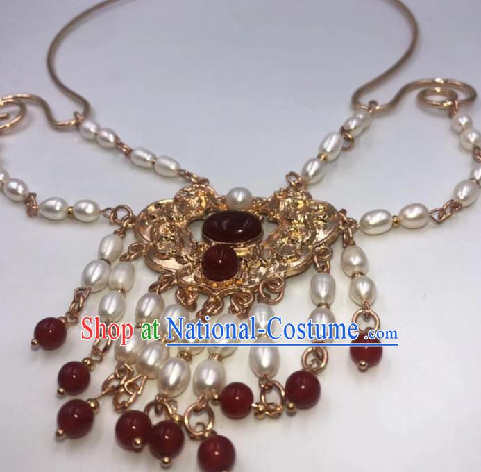 Chinese Traditional Ming Dynasty Pearls Tassel Necklace Classical Agate Accessories