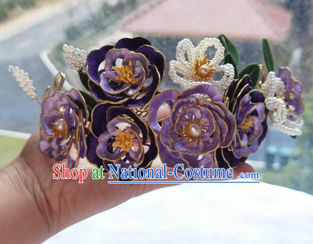 China Ming Dynasty Beads Plum Hairpin Traditional Hanfu Hair Accessories Ancient Princess Purple Silk Peony Hair Crown