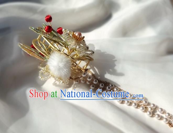 China Ming Dynasty Silk Bamboo Leaf Hairpin Traditional Hanfu Hair Accessories Ancient Princess Beads Plum Hair Stick