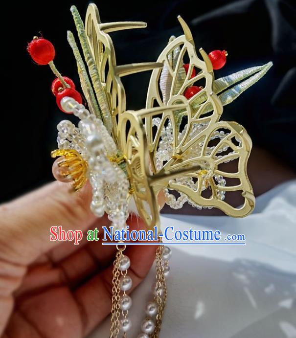 China Ming Dynasty Silk Bamboo Leaf Hairpin Traditional Hanfu Hair Accessories Ancient Princess Beads Plum Hair Stick