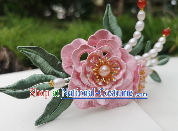 China Ancient Princess Pink Silk Peony Hairpin Traditional Hanfu Hair Accessories Ming Dynasty Pearls Hair Stick