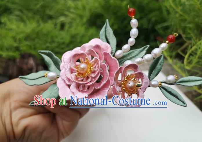 China Ancient Princess Pink Silk Peony Hairpin Traditional Hanfu Hair Accessories Ming Dynasty Pearls Hair Stick