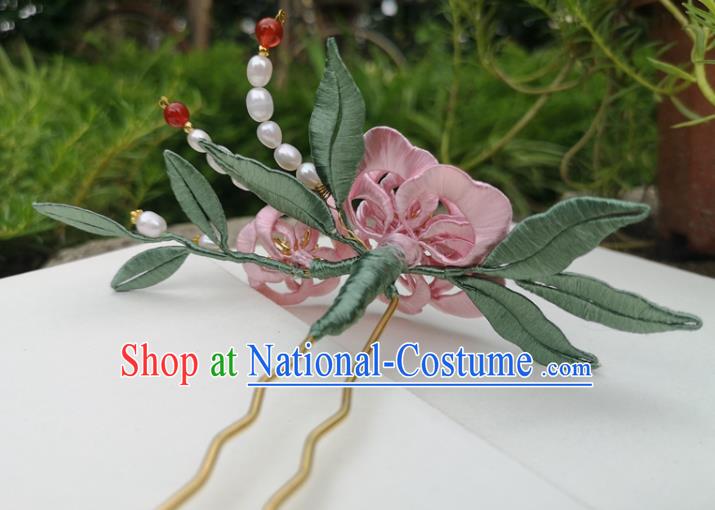 China Ancient Princess Pink Silk Peony Hairpin Traditional Hanfu Hair Accessories Ming Dynasty Pearls Hair Stick