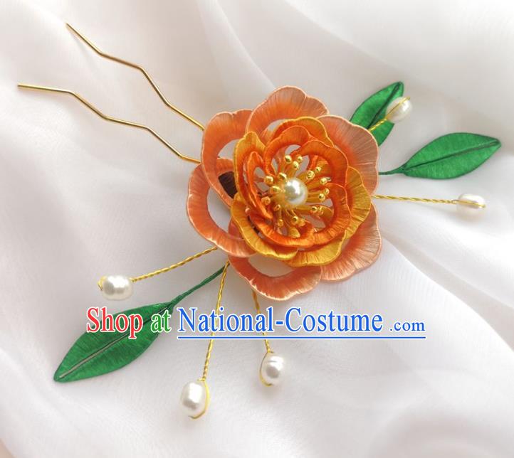 China Traditional Hanfu Hair Accessories Ancient Princess Pearls Hairpin Ming Dynasty Orange Silk Peony Hair Stick