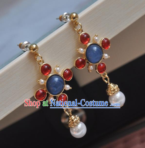 Chinese Classical Cheongsam Lapis Ear Accessories Traditional Court Red Crystal Earrings