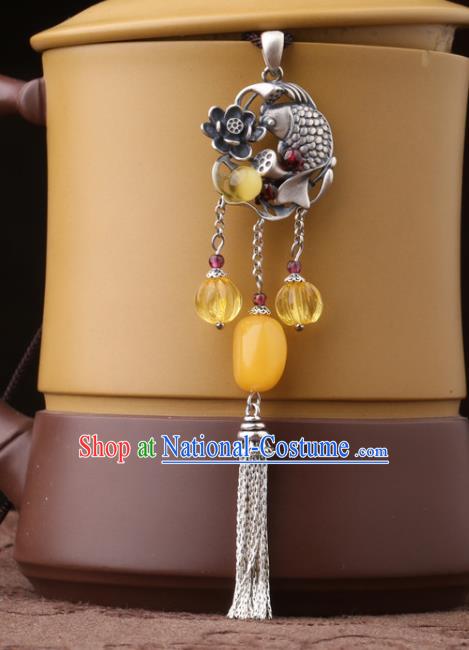 China Classical Carving Lotus Fish Necklace Pendant Traditional Cheongsam Beeswax Silver Tassel Accessories