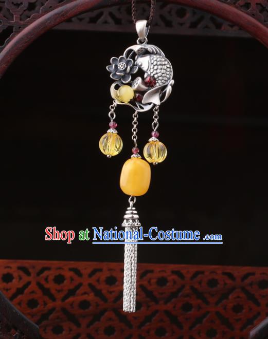 China Classical Carving Lotus Fish Necklace Pendant Traditional Cheongsam Beeswax Silver Tassel Accessories