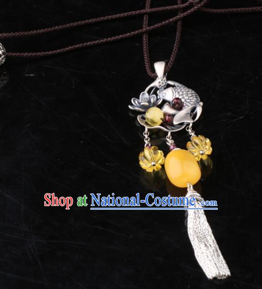 China Classical Carving Lotus Fish Necklace Pendant Traditional Cheongsam Beeswax Silver Tassel Accessories