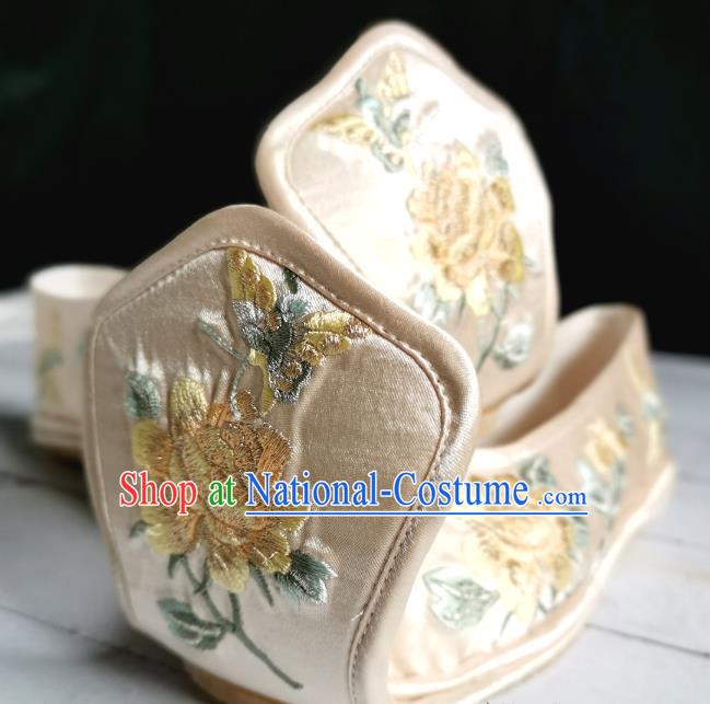 Handmade Chinese Traditional Hanfu Shoes Embroidered Peony Shoes Han Dynasty Princess Champagne Satin Shoes