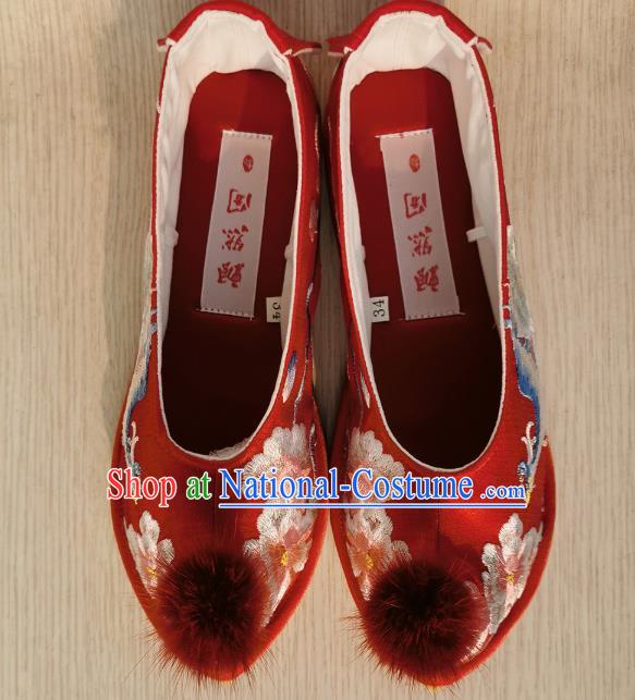 Handmade Chinese Traditional Wedding Hanfu Shoes Embroidered Phoenix Peony Shoes Red Satin Bow Shoes