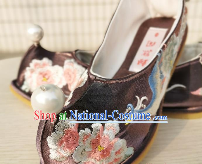 Handmade Chinese Embroidered Phoenix Peony Shoes Brown Satin Bow Shoes Traditional Wedding Hanfu Shoes