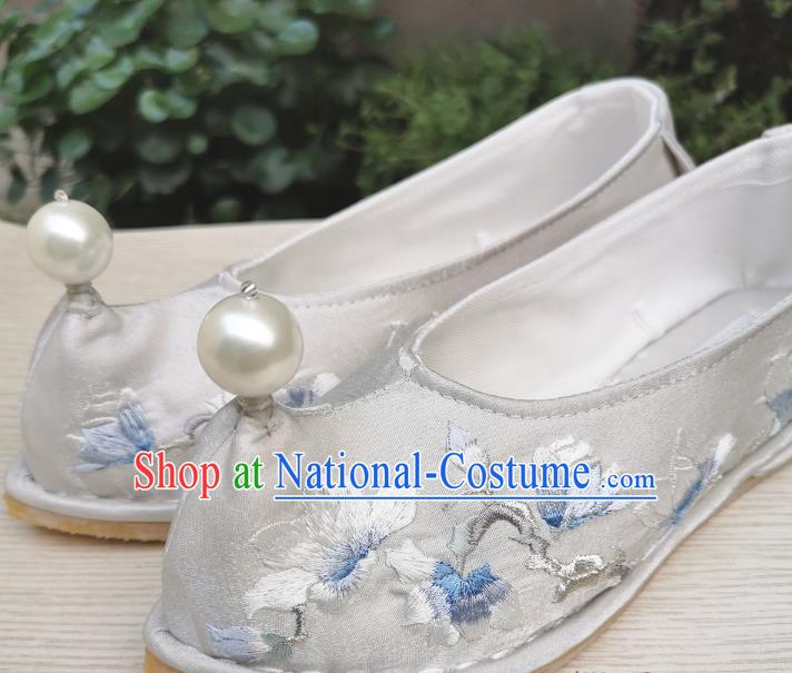 Handmade Chinese Grey Satin Bow Shoes Traditional Hanfu Shoes Embroidered Mangnolia Shoes