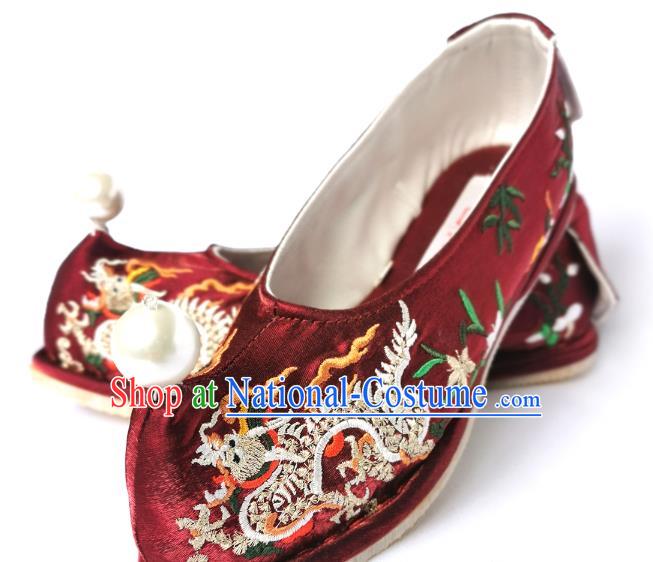 Handmade Chinese Traditional Hanfu Shoes Embroidered Dragon Shoes Wine Red Satin Bow Shoes