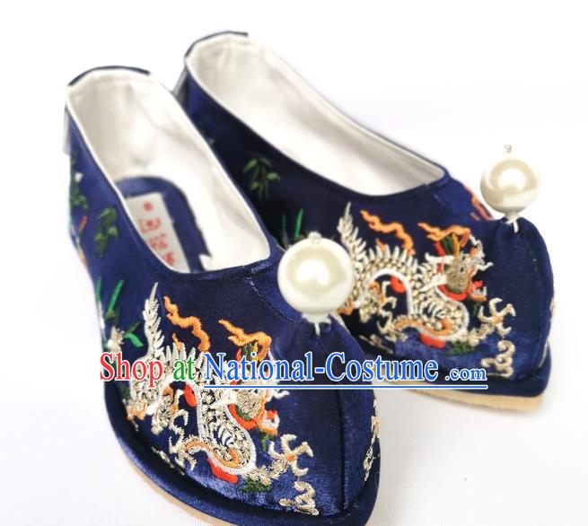 Handmade Chinese Royalblue Satin Bow Shoes Traditional Hanfu Shoes Embroidered Dragon Shoes