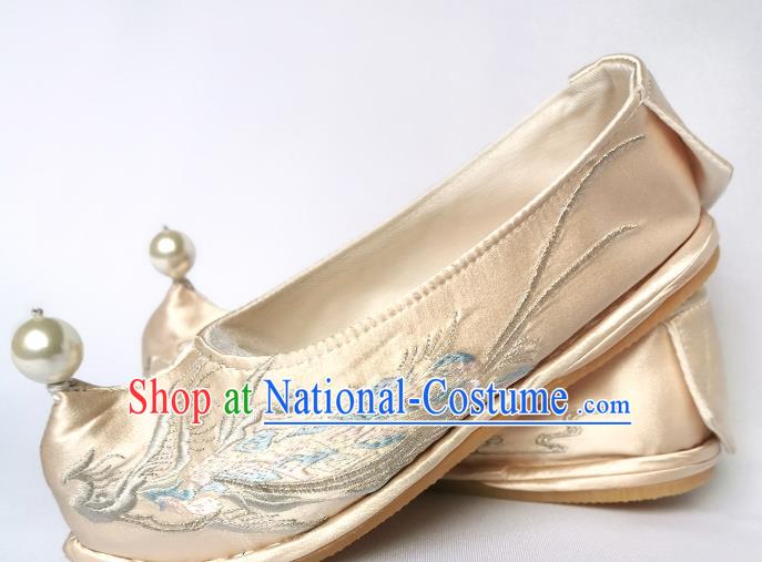 Handmade Chinese Embroidered Phoenix Shoes Light Golden Satin Bow Shoes Traditional Hanfu Shoes