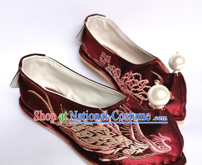 Handmade Chinese Wine Red Satin Bow Shoes Traditional Hanfu Shoes Embroidered Phoenix Shoes