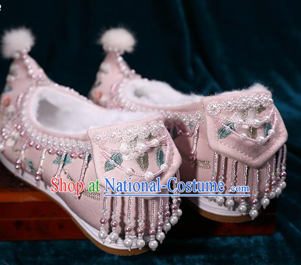 Chinese Handmade Pink Satin Shoes Hanfu Pearls Shoes Traditional Embroidered Plum Blossom Shoes