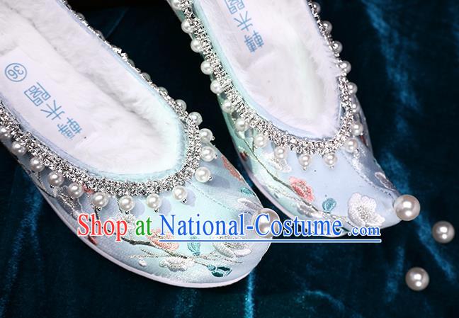 Chinese Ancient Princess Green Satin Shoes Traditional Embroidered Plum Blossom Shoes Handmade Pearls Shoes