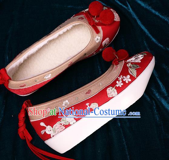 Chinese Traditional Hanfu Winter Shoes Handmade Embroidered Red Brocade Shoes Ancient Tang Dynasty Wedding Shoes