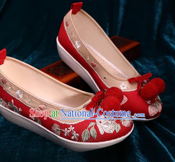 Chinese Traditional Hanfu Shoes Ancient Tang Dynasty Shoes Handmade Embroidered Red Brocade Shoes