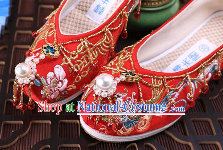 Chinese Embroidered Phoenix Shoes Traditional Hanfu Red Shoes Ancient Bride Wedding Tassel Shoes