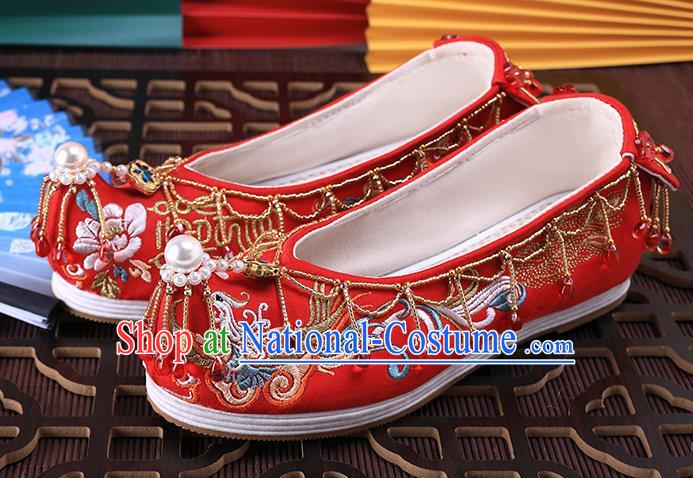 Chinese Embroidered Phoenix Shoes Traditional Hanfu Red Shoes Ancient Bride Wedding Tassel Shoes