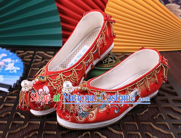 Chinese Embroidered Phoenix Shoes Traditional Hanfu Red Shoes Ancient Bride Wedding Tassel Shoes