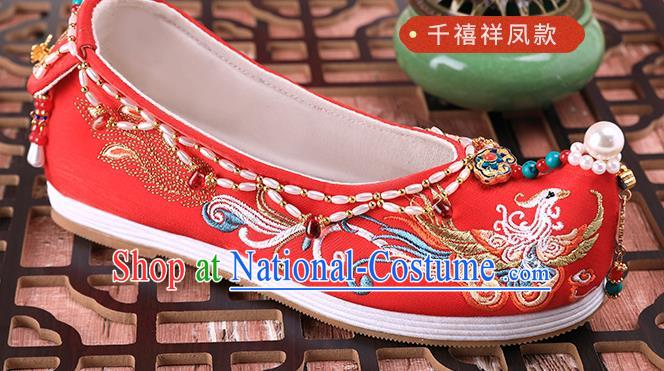 Chinese Traditional Hanfu Red Shoes Ancient Bride Wedding Pearls Shoes Embroidered Phoenix Shoes