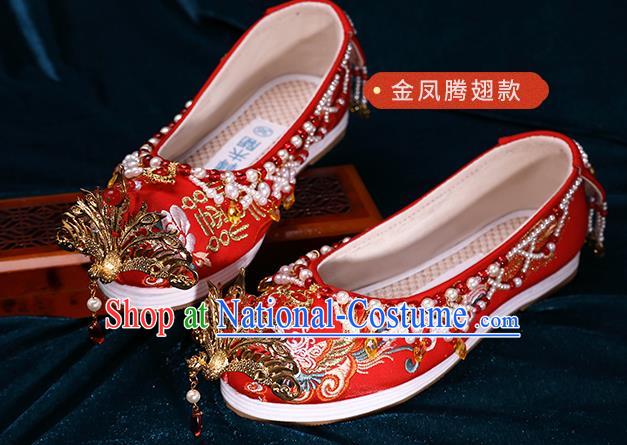 Chinese Traditional Hanfu Golden Phoenix Shoes Ancient Bride Wedding Shoes Red Embroidered Shoes