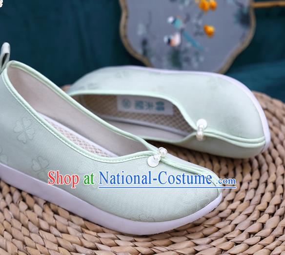 Chinese Classical Clover Pattern Light Green Shoes Traditional Song Dynasty Princess Shoes Hanfu Cloth Shoes