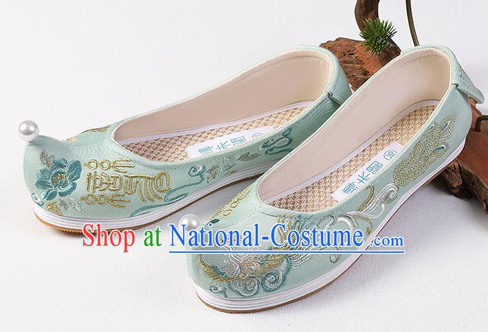 Chinese Traditional Women Shoes Handmade Embroidered Phoenix Green Cloth Shoes Classical Bow Shoes