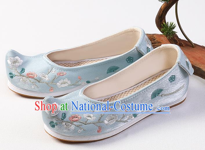 Chinese Traditional Ming Dynasty Blue Satin Shoes Handmade Embroidered Plum Blossom Shoes