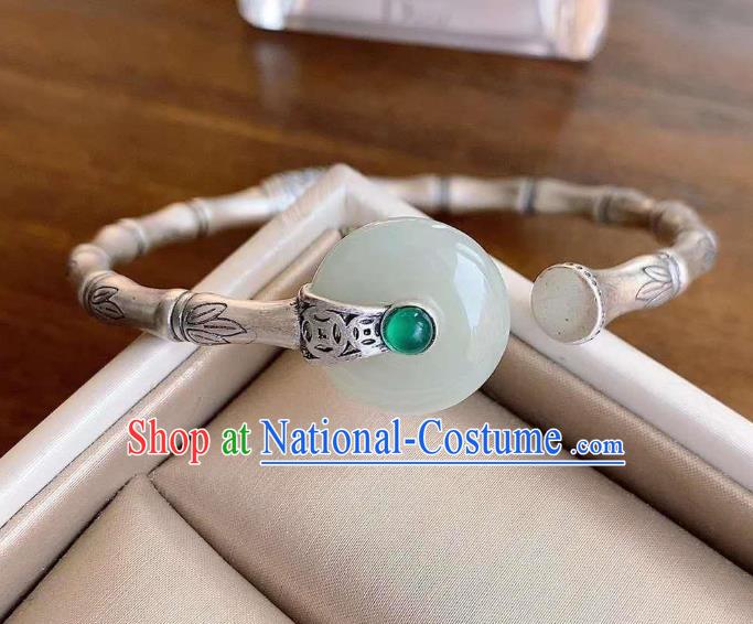 Chinese Classical Silver Bamboo Bracelet Handmade Jade Ring Bangle Jewelry Accessories